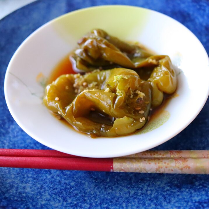 見た目より美味しい♪ピーマンの麺つゆ煮♪わさび添え
